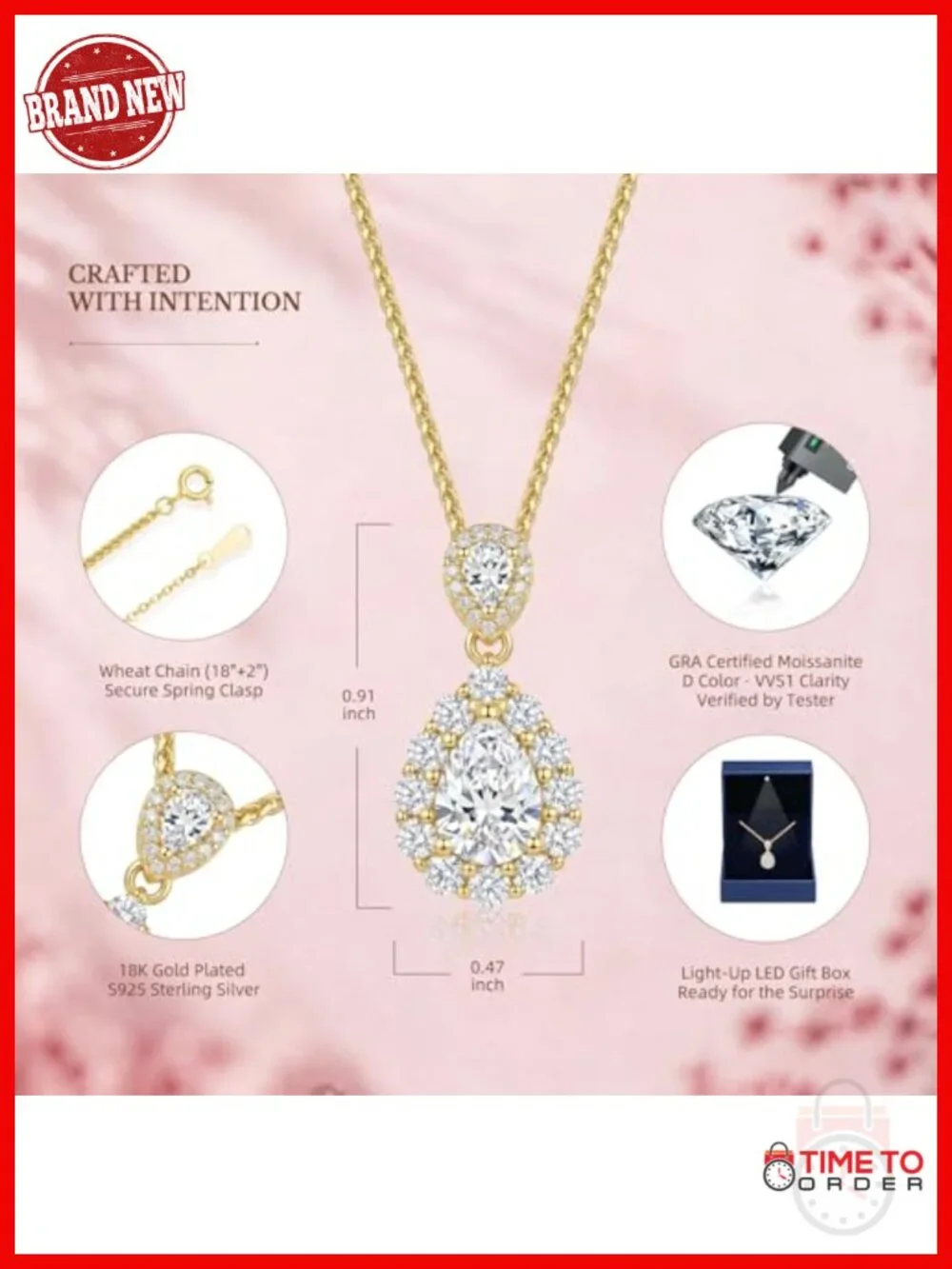1.5ct Moissanite S925 Sterling Silver 18K Gold Plated Teardrop Pendant Necklace